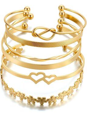 Women's Bangles Set, Multi Layer Textured 14k Gold Plated Chunky Heart Bracelet